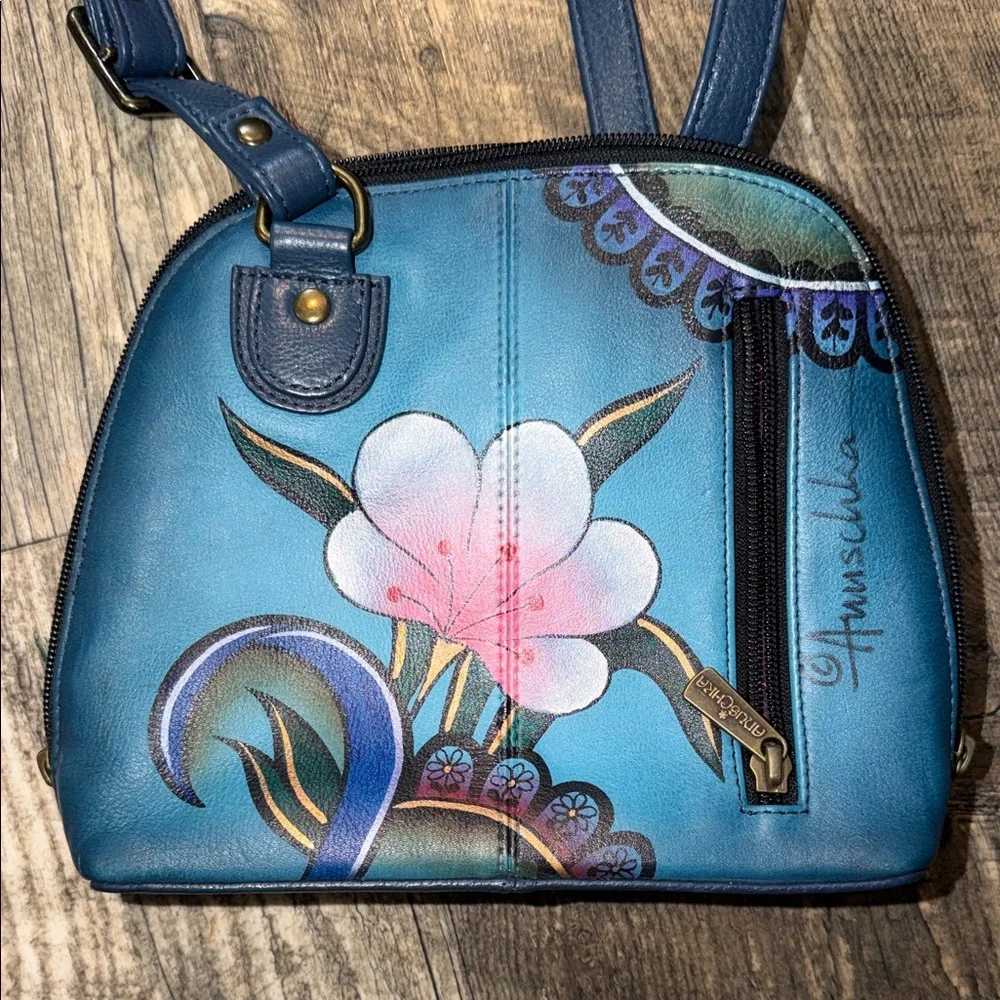 Anuschka Blue Hand-Painted Floral Crossbody Bag - Picture 3 of 6